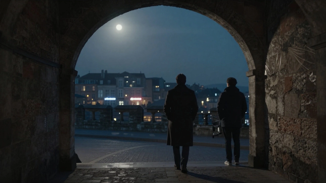 A solitary figure stands quietly at the Citadel of Lille under moonlight, accompanied by a companion.