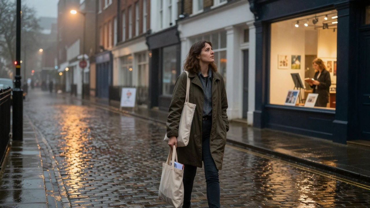 A woman walking alone in rainy East London, tote bag with sketchbook visible, under amber streetlights.