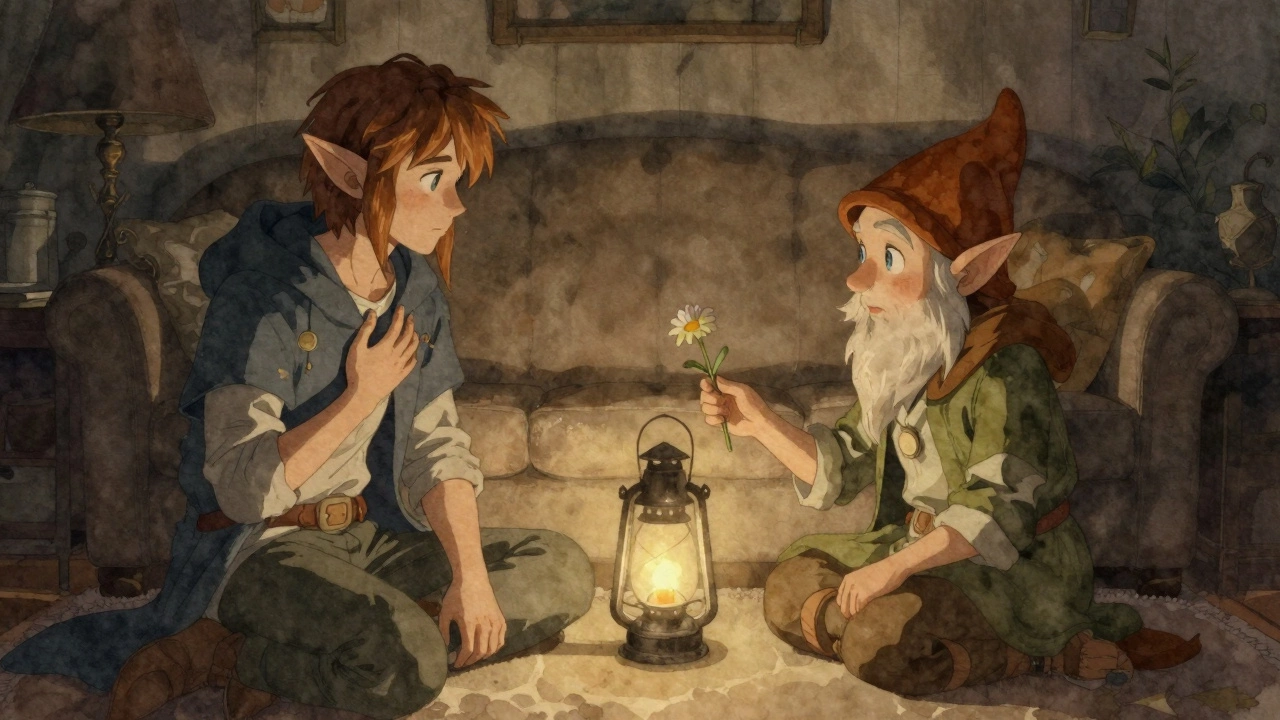 Two players in a quiet room, one portraying a guarded elf, the other a compassionate gnome, sharing an emotional moment.